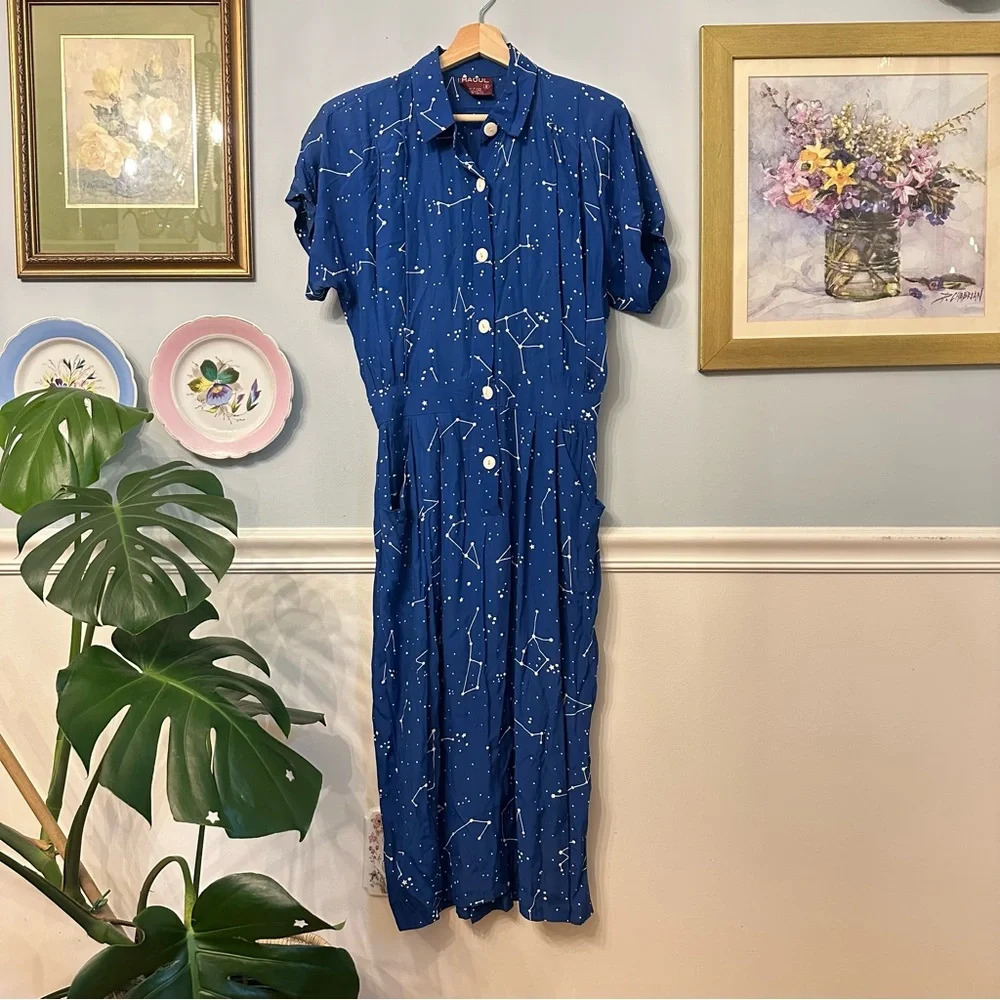 Vintage Raoul Constellation Blouson Dress Size 8 Small Pinup Rockabilly Blue - Picture 1 of 12